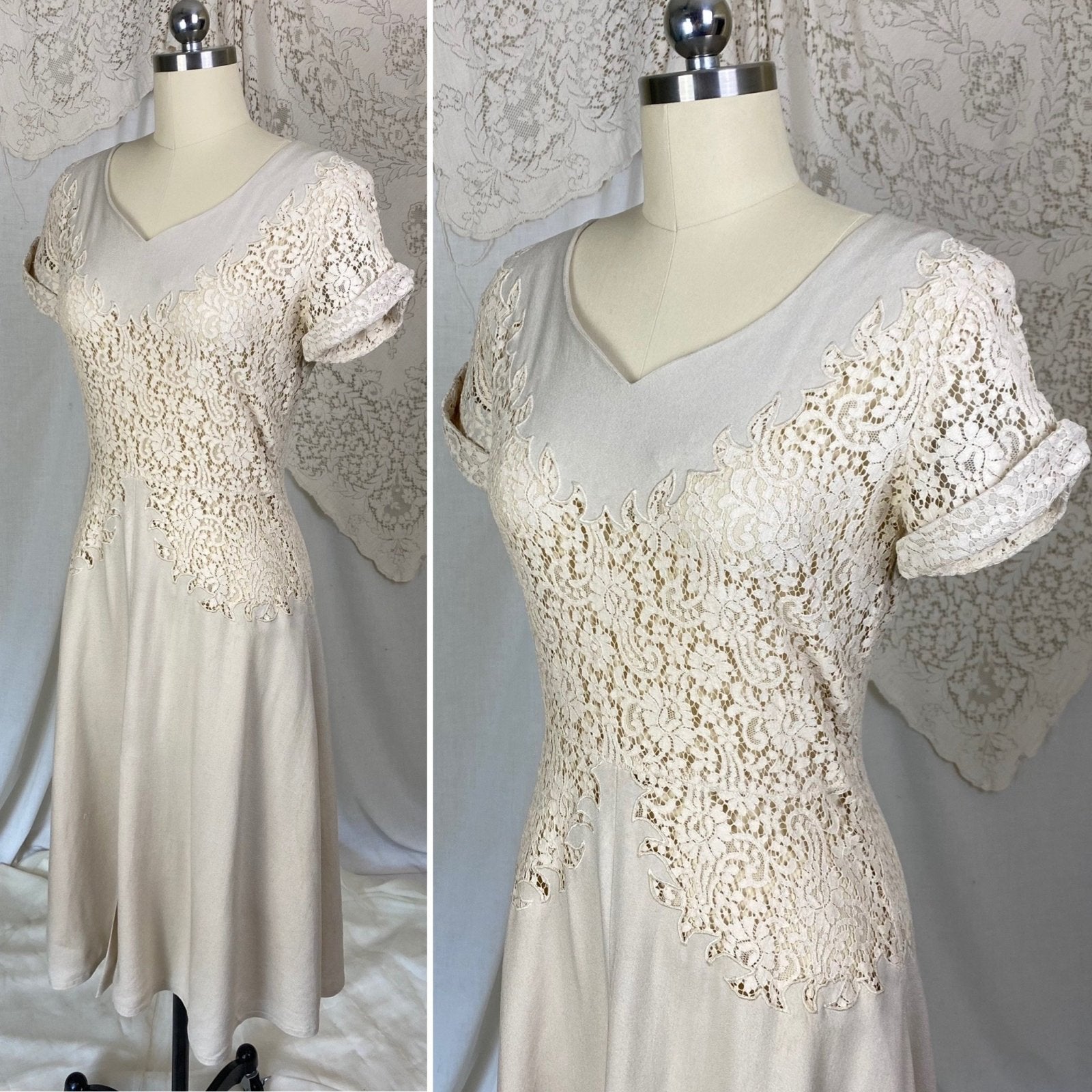 Vintage 1940's Dress | Light Nude Linen with Floral Guipure Lace | Size XS, S - Daggers & Dames