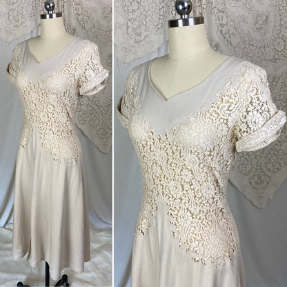 Vintage 1940's Dress | Light Nude Linen with Floral Guipure Lace | Size XS, S - Daggers & Dames