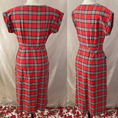 Vintage 1940's Dress | Red, Blue, & Taupe Plaid Lightweight Cotton with Belt | Size 36-38 Bust, M, LG - Daggers & Dames
