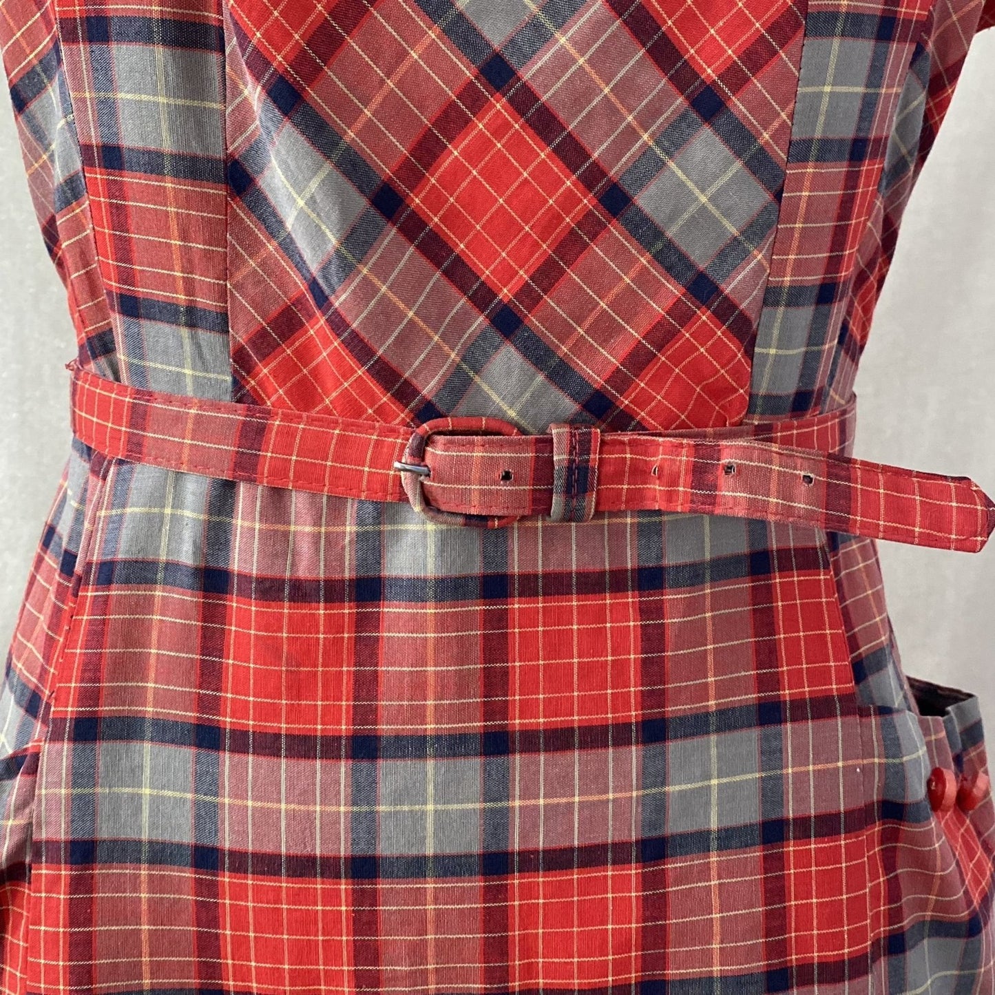 Vintage 1940's Dress | Red, Blue, & Taupe Plaid Lightweight Cotton with Belt | Size 36-38 Bust, M, LG - Daggers & Dames