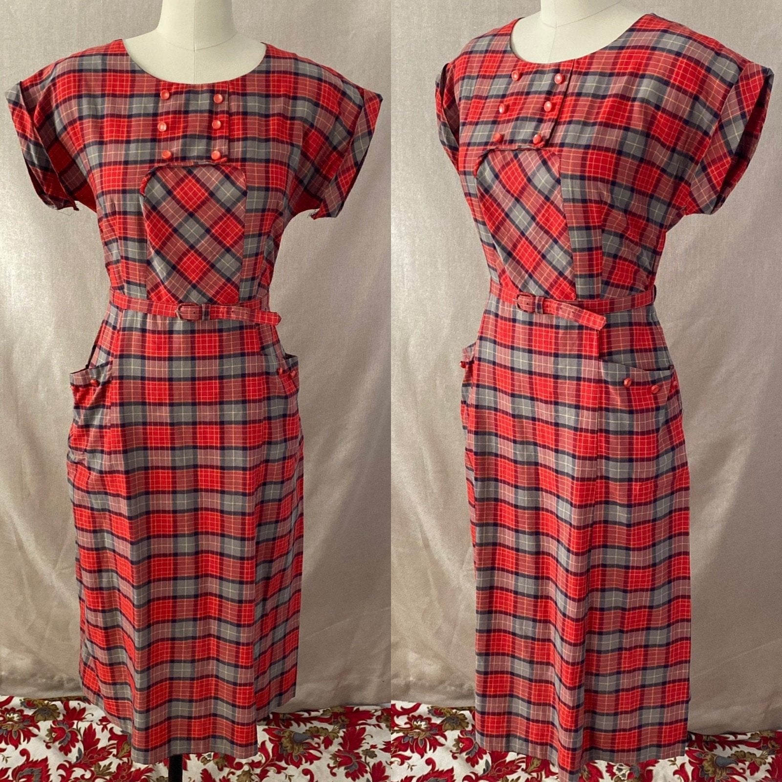 Vintage 1940's Dress | Red, Blue, & Taupe Plaid Lightweight Cotton with Belt | Size 36-38 Bust, M, LG - Daggers & Dames