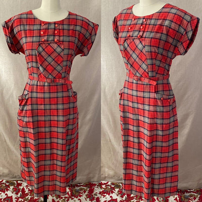 Vintage 1940's Dress | Red, Blue, & Taupe Plaid Lightweight Cotton with Belt | Size 36-38 Bust, M, LG - Daggers & Dames