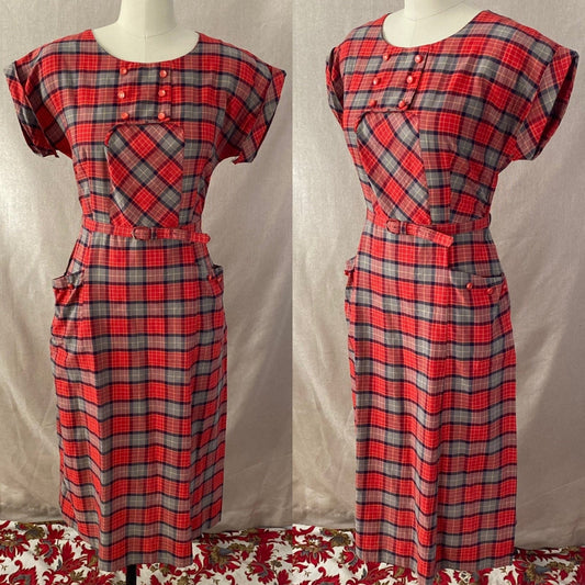 Vintage 1940's Dress | Red, Blue, & Taupe Plaid Lightweight Cotton with Belt | Size 36-38 Bust, M, LG - Daggers & Dames