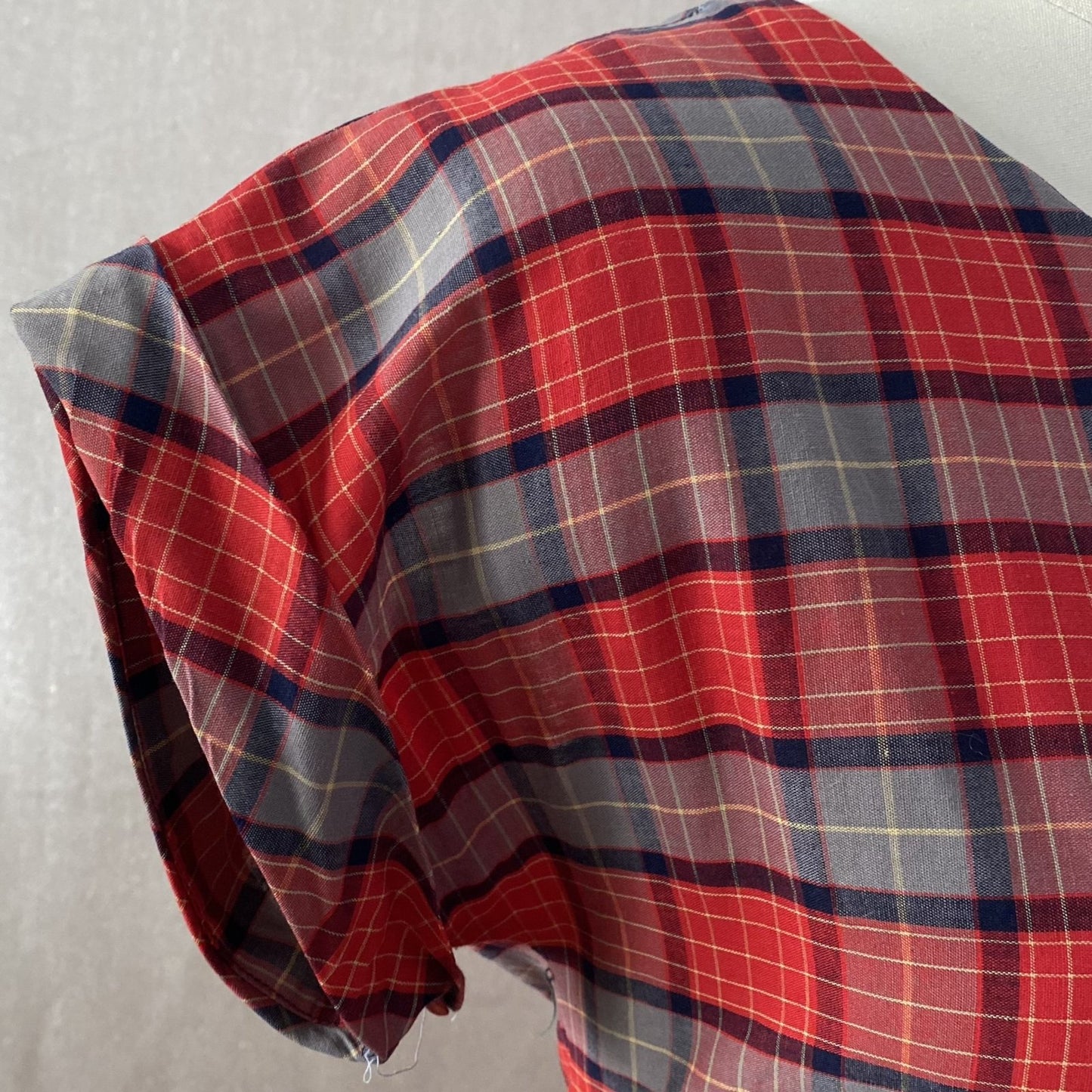 Vintage 1940's Dress | Red, Blue, & Taupe Plaid Lightweight Cotton with Belt | Size 36-38 Bust, M, LG - Daggers & Dames