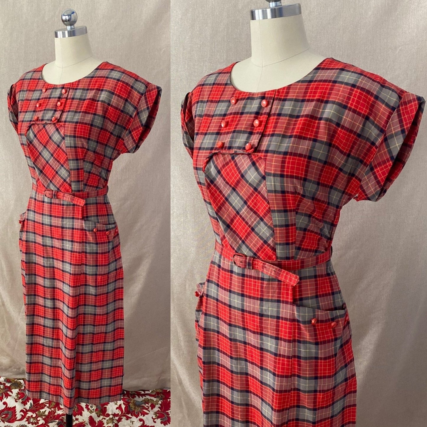 Vintage 1940's Dress | Red, Blue, & Taupe Plaid Lightweight Cotton with Belt | Size 36-38 Bust, M, LG - Daggers & Dames