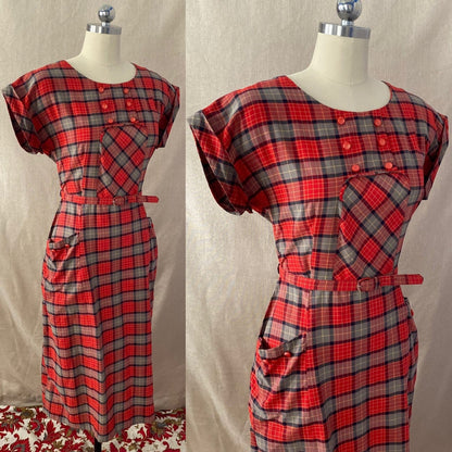 Vintage 1940's Dress | Red, Blue, & Taupe Plaid Lightweight Cotton with Belt | Size 36-38 Bust, M, LG - Daggers & Dames