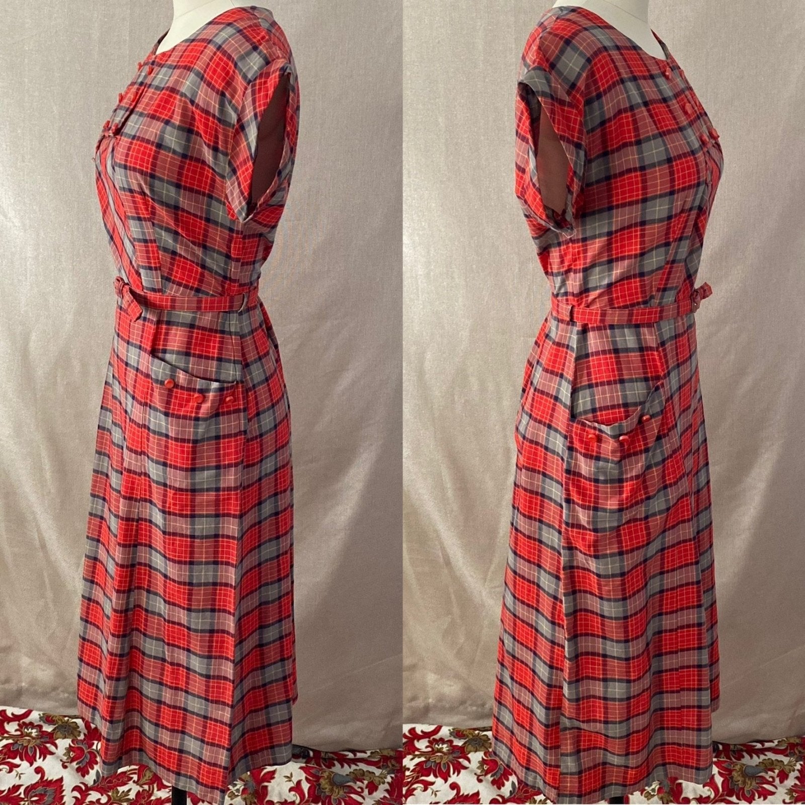 Vintage 1940's Dress | Red, Blue, & Taupe Plaid Lightweight Cotton with Belt | Size 36-38 Bust, M, LG - Daggers & Dames