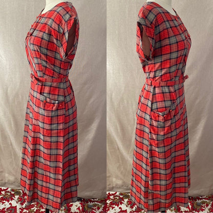 Vintage 1940's Dress | Red, Blue, & Taupe Plaid Lightweight Cotton with Belt | Size 36-38 Bust, M, LG - Daggers & Dames