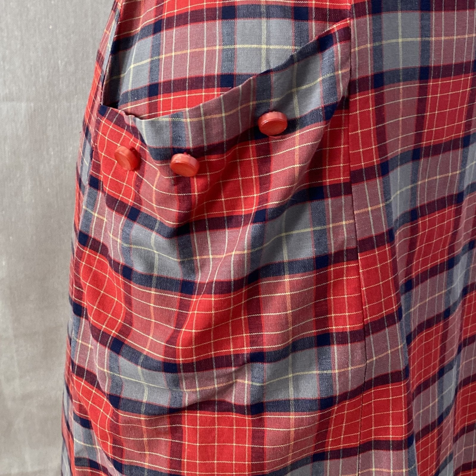 Vintage 1940's Dress | Red, Blue, & Taupe Plaid Lightweight Cotton with Belt | Size 36-38 Bust, M, LG - Daggers & Dames