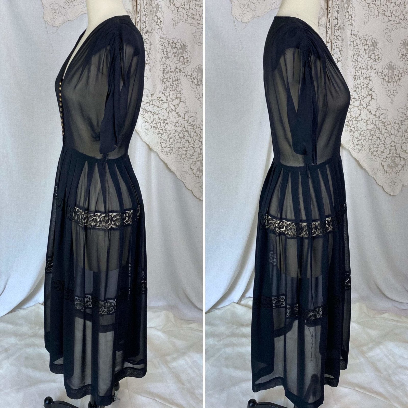 Vintage 1940's Dress | Sheer Black Rayon Chiffon with Faceted Glass Brass Buttons & Lace | Size XS - Daggers & Dames