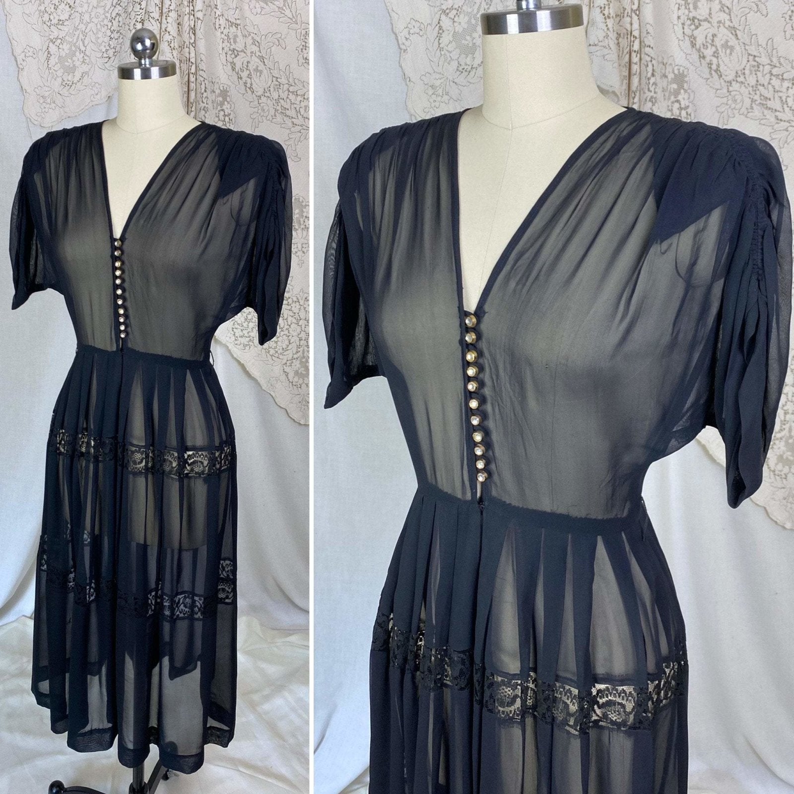Vintage 1940's Dress | Sheer Black Rayon Chiffon with Faceted Glass Brass Buttons & Lace | Size XS - Daggers & Dames