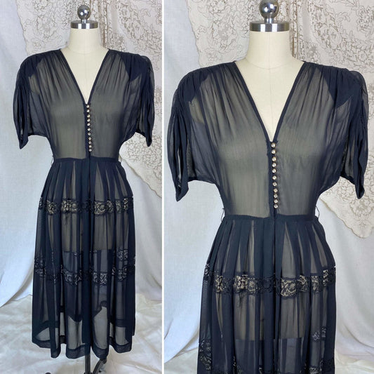 Vintage 1940's Dress | Sheer Black Rayon Chiffon with Faceted Glass Brass Buttons & Lace | Size XS - Daggers & Dames