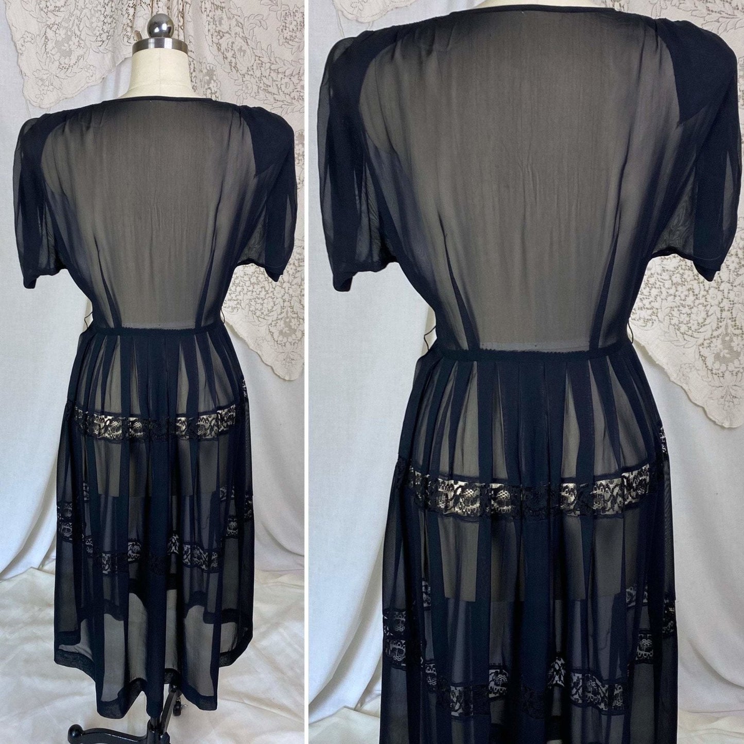 Vintage 1940's Dress | Sheer Black Rayon Chiffon with Faceted Glass Brass Buttons & Lace | Size XS - Daggers & Dames