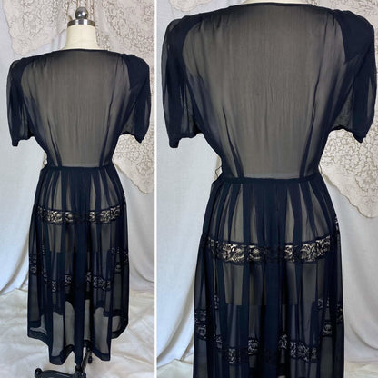Vintage 1940's Dress | Sheer Black Rayon Chiffon with Faceted Glass Brass Buttons & Lace | Size XS - Daggers & Dames