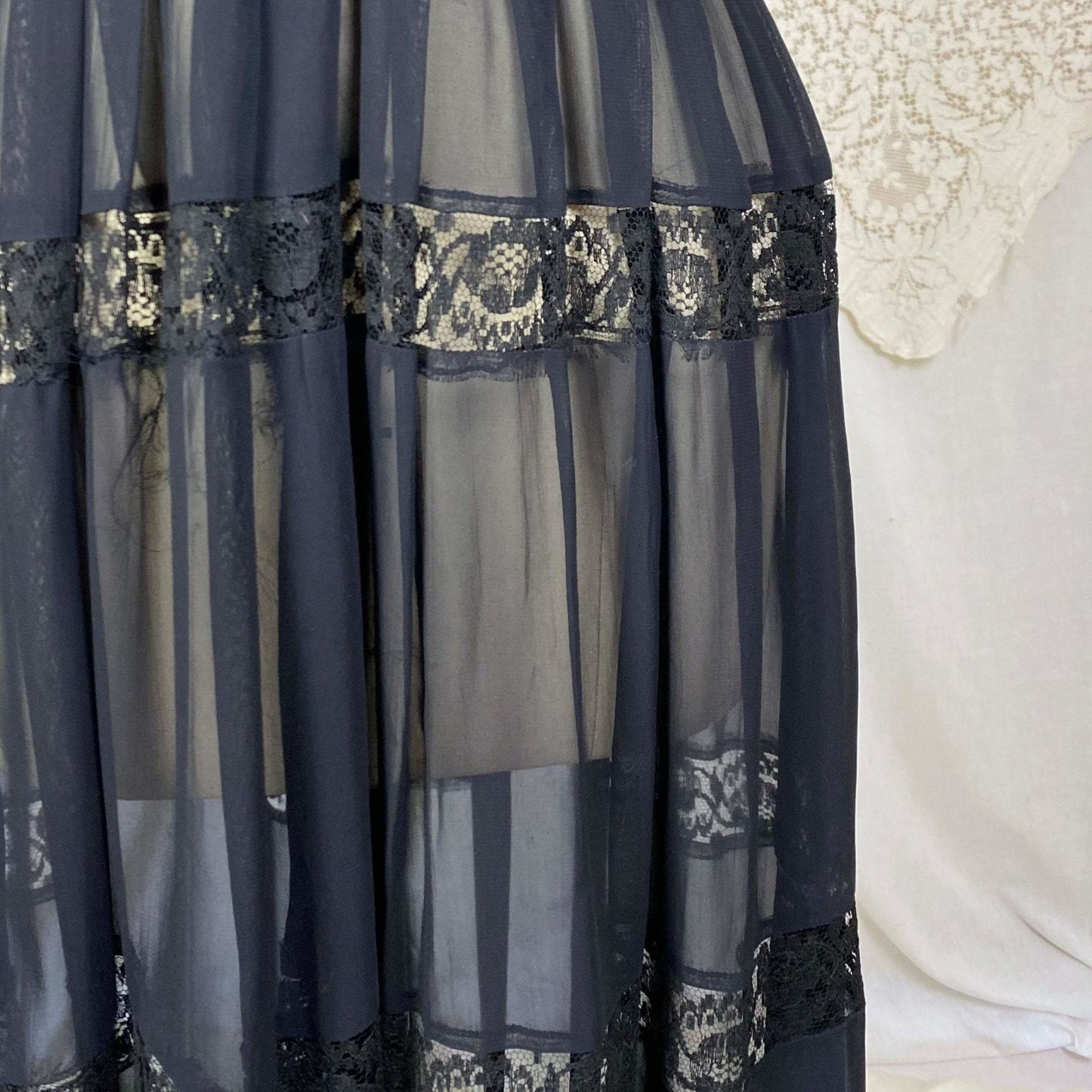 Vintage 1940's Dress | Sheer Black Rayon Chiffon with Faceted Glass Brass Buttons & Lace | Size XS - Daggers & Dames