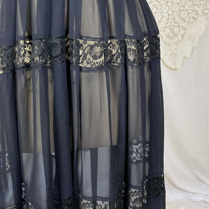 Vintage 1940's Dress | Sheer Black Rayon Chiffon with Faceted Glass Brass Buttons & Lace | Size XS - Daggers & Dames