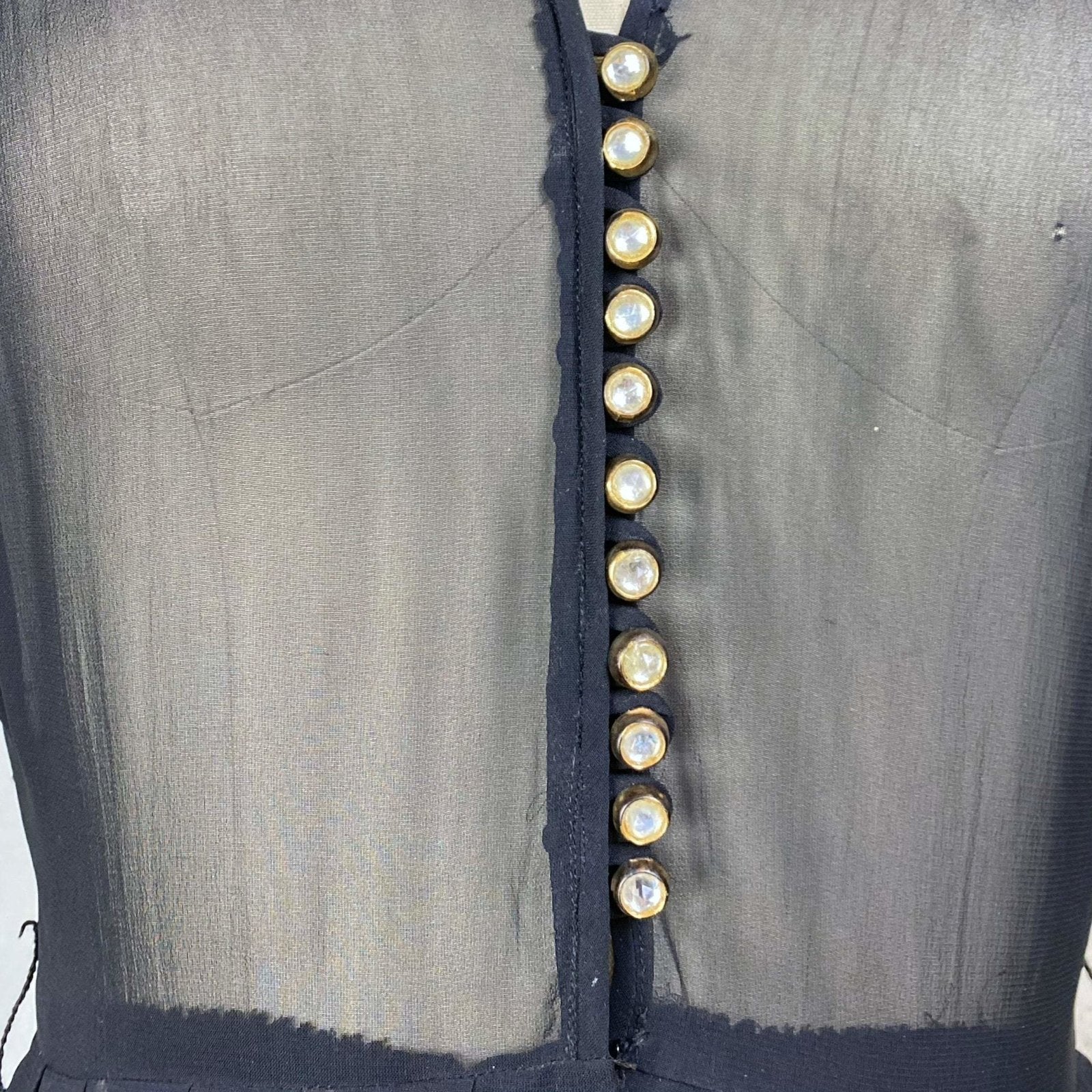 Vintage 1940's Dress | Sheer Black Rayon Chiffon with Faceted Glass Brass Buttons & Lace | Size XS - Daggers & Dames