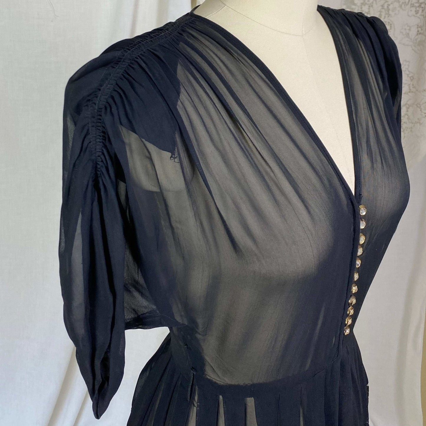 Vintage 1940's Dress | Sheer Black Rayon Chiffon with Faceted Glass Brass Buttons & Lace | Size XS - Daggers & Dames