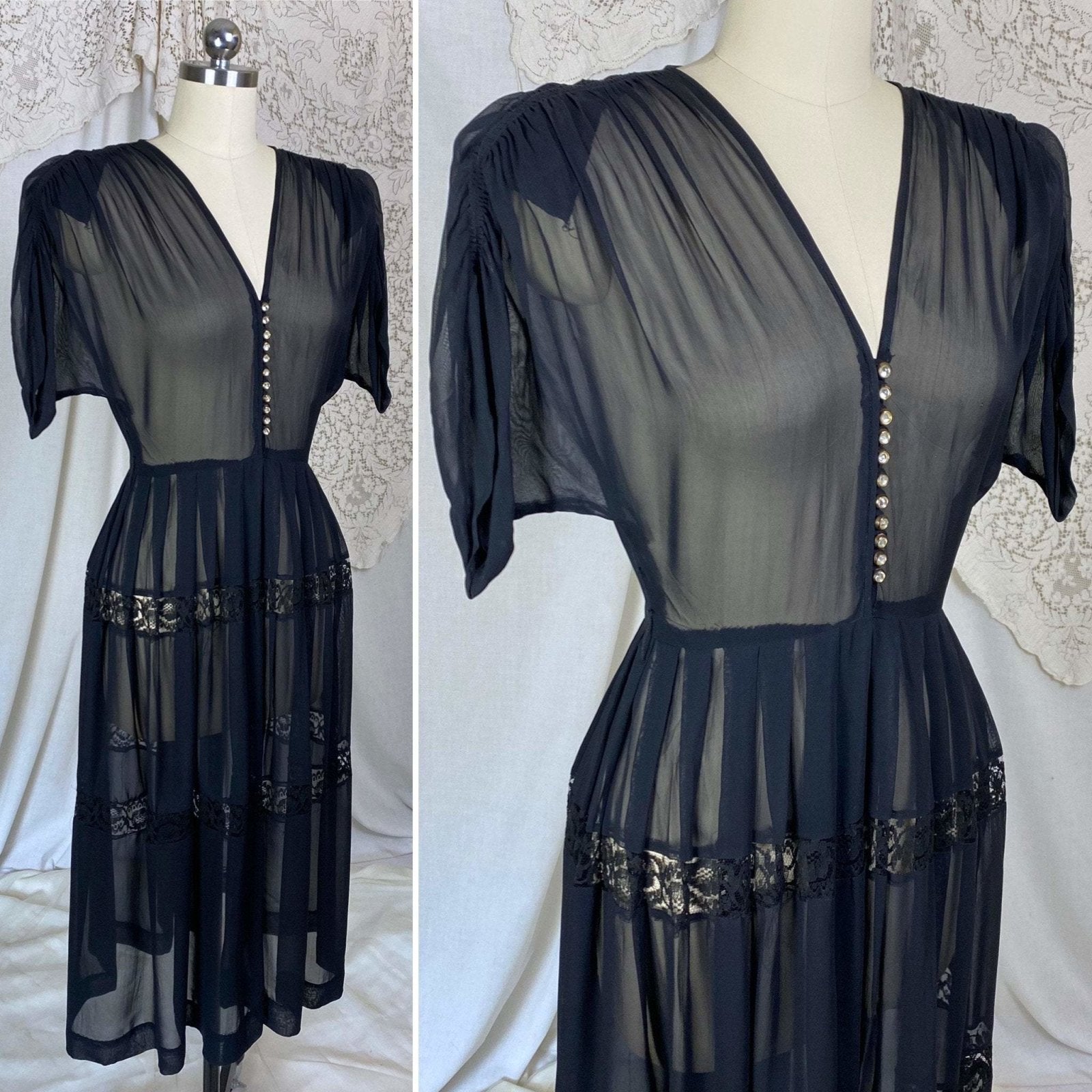 Vintage 1940's Dress | Sheer Black Rayon Chiffon with Faceted Glass Brass Buttons & Lace | Size XS - Daggers & Dames