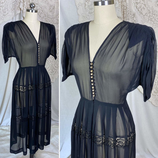 Vintage 1940's Dress | Sheer Black Rayon Chiffon with Faceted Glass Brass Buttons & Lace | Size XS - Daggers & Dames