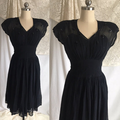 Vintage 1940's Dress | Sheer Midnight Blue Rayon Chiffon with Sequins & Button Up Back | Size XXS - Daggers & Dames