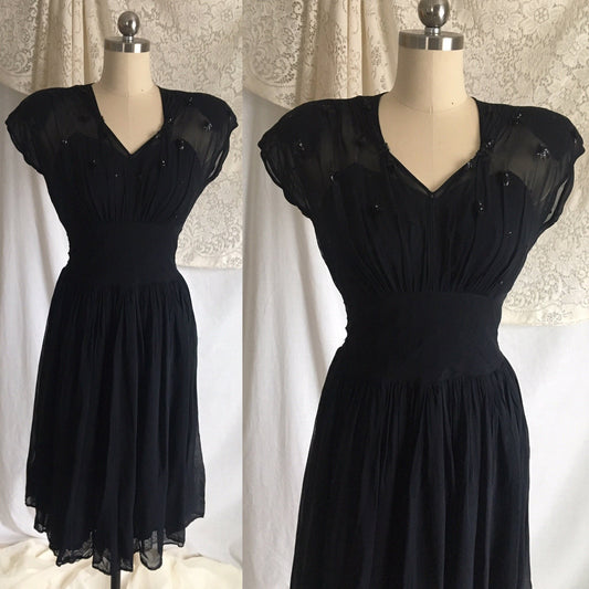 Vintage 1940's Dress | Sheer Midnight Blue Rayon Chiffon with Sequins & Button Up Back | Size XXS - Daggers & Dames