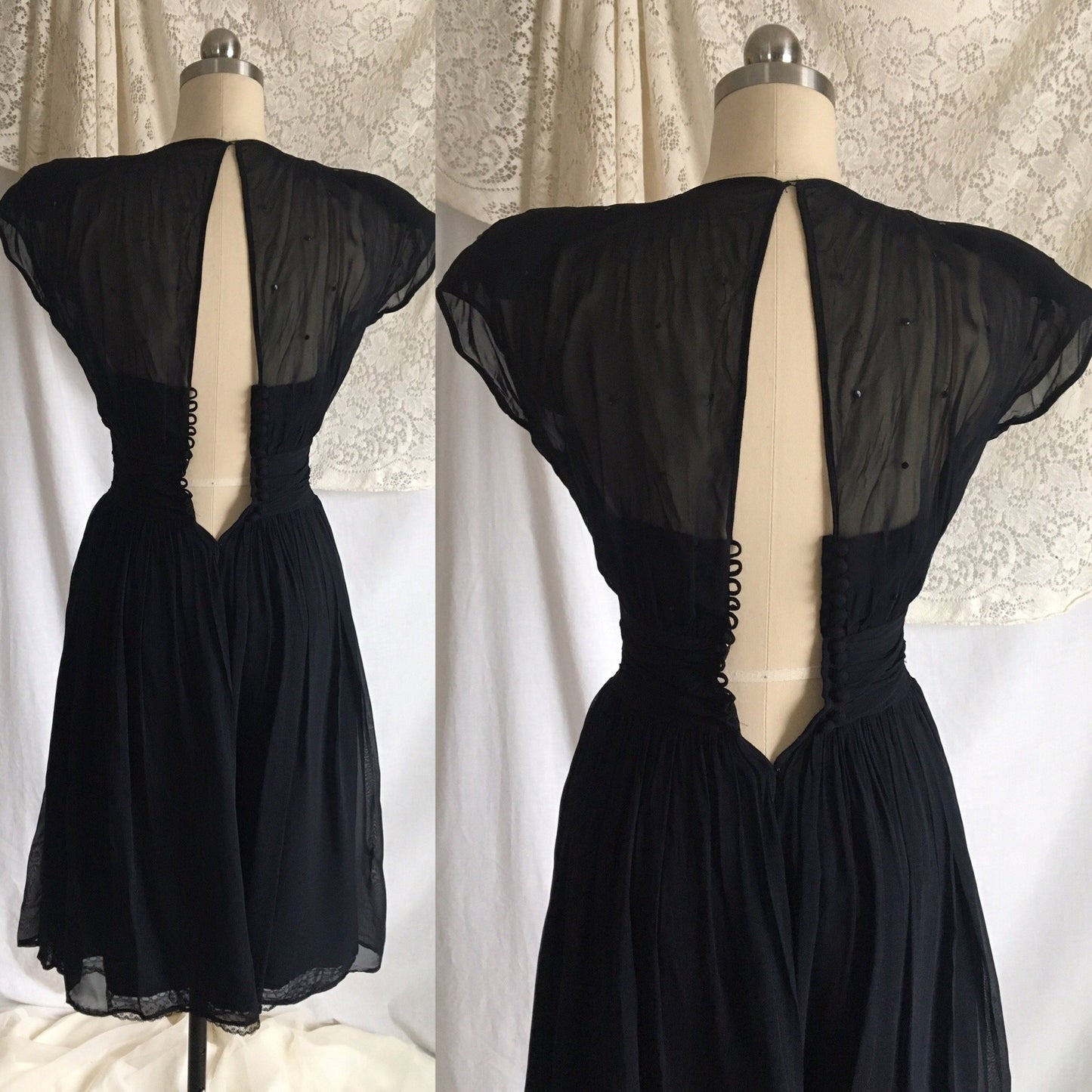 Vintage 1940's Dress | Sheer Midnight Blue Rayon Chiffon with Sequins & Button Up Back | Size XXS - Daggers & Dames