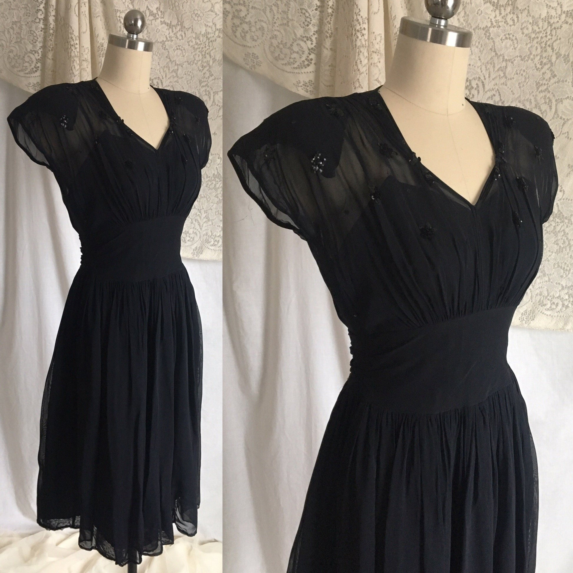 Vintage 1940's Dress | Sheer Midnight Blue Rayon Chiffon with Sequins & Button Up Back | Size XXS - Daggers & Dames