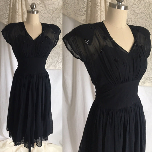 Vintage 1940's Dress | Sheer Midnight Blue Rayon Chiffon with Sequins & Button Up Back | Size XXS - Daggers & Dames