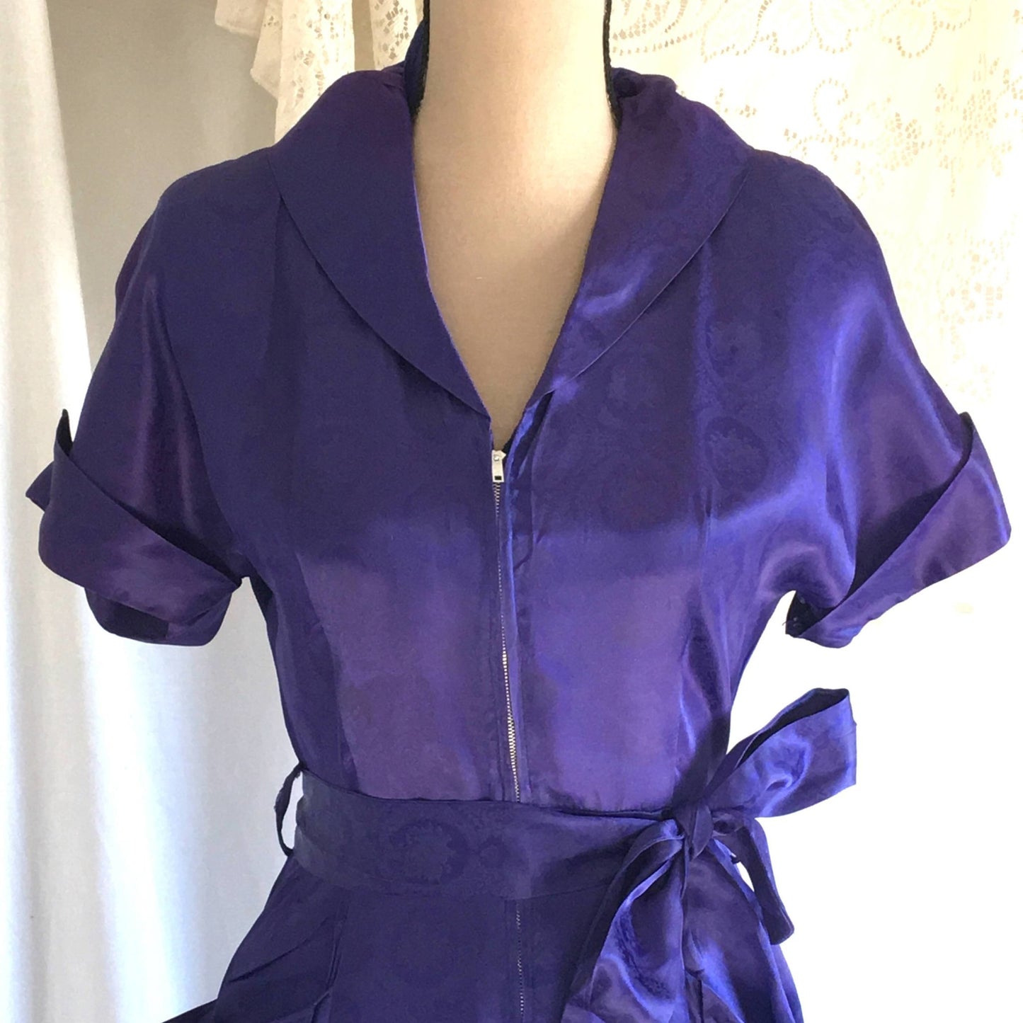 Vintage 1940's Dressing Gown | Cobalt Blue Damask Rayon Satin with Violet Patina | Mode O Day | Boho Maxi Dress | Size S - Daggers & Dames