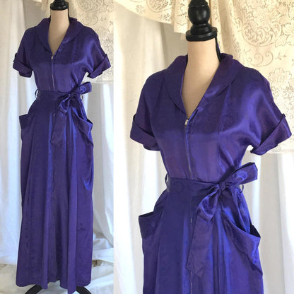 Vintage 1940's Dressing Gown | Cobalt Blue Damask Rayon Satin with Violet Patina | Mode O Day | Boho Maxi Dress | Size S - Daggers & Dames