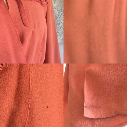 Vintage 1940's Dressing Gown | Coral Pinkish Orange Crepe with Pleated Ruffle Yoke | Ruched Waist Robe | Raymond of New York | Size S - Daggers & Dames