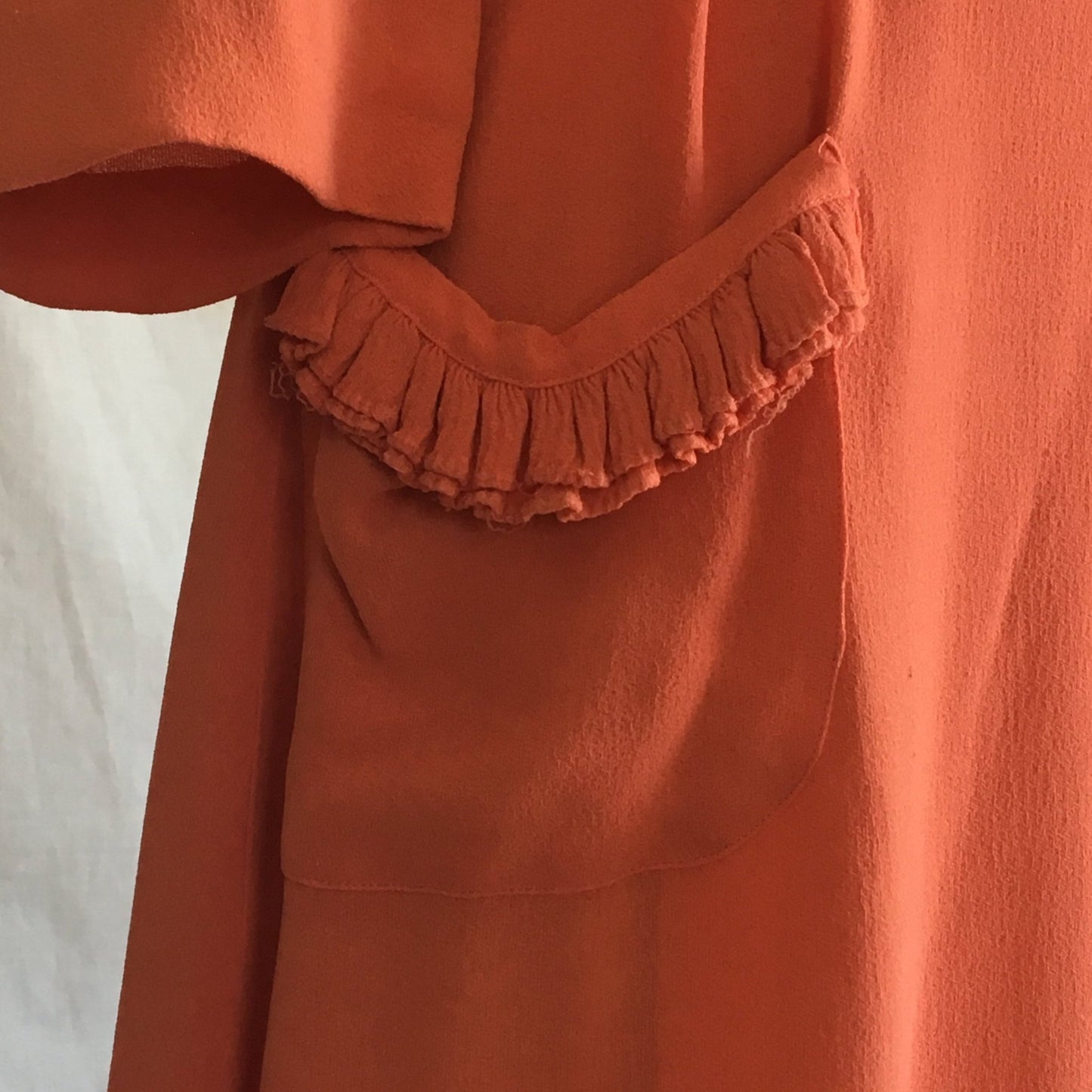 Vintage 1940's Dressing Gown | Coral Pinkish Orange Crepe with Pleated Ruffle Yoke | Ruched Waist Robe | Raymond of New York | Size S - Daggers & Dames