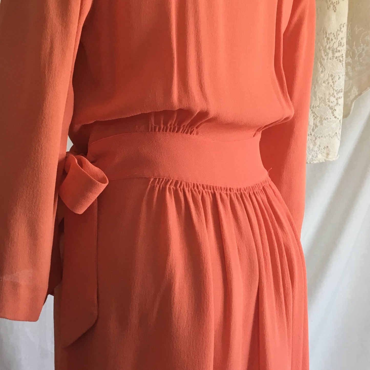 Vintage 1940's Dressing Gown | Coral Pinkish Orange Crepe with Pleated Ruffle Yoke | Ruched Waist Robe | Raymond of New York | Size S - Daggers & Dames