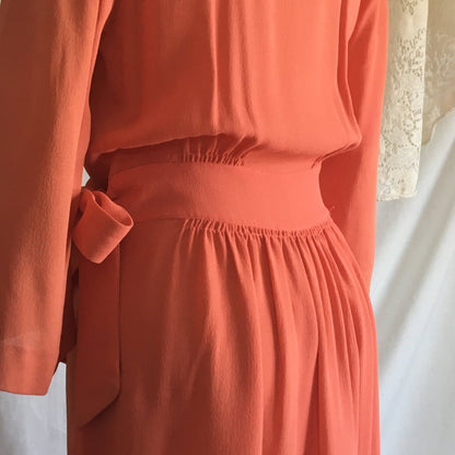 Vintage 1940's Dressing Gown | Coral Pinkish Orange Crepe with Pleated Ruffle Yoke | Ruched Waist Robe | Raymond of New York | Size S - Daggers & Dames