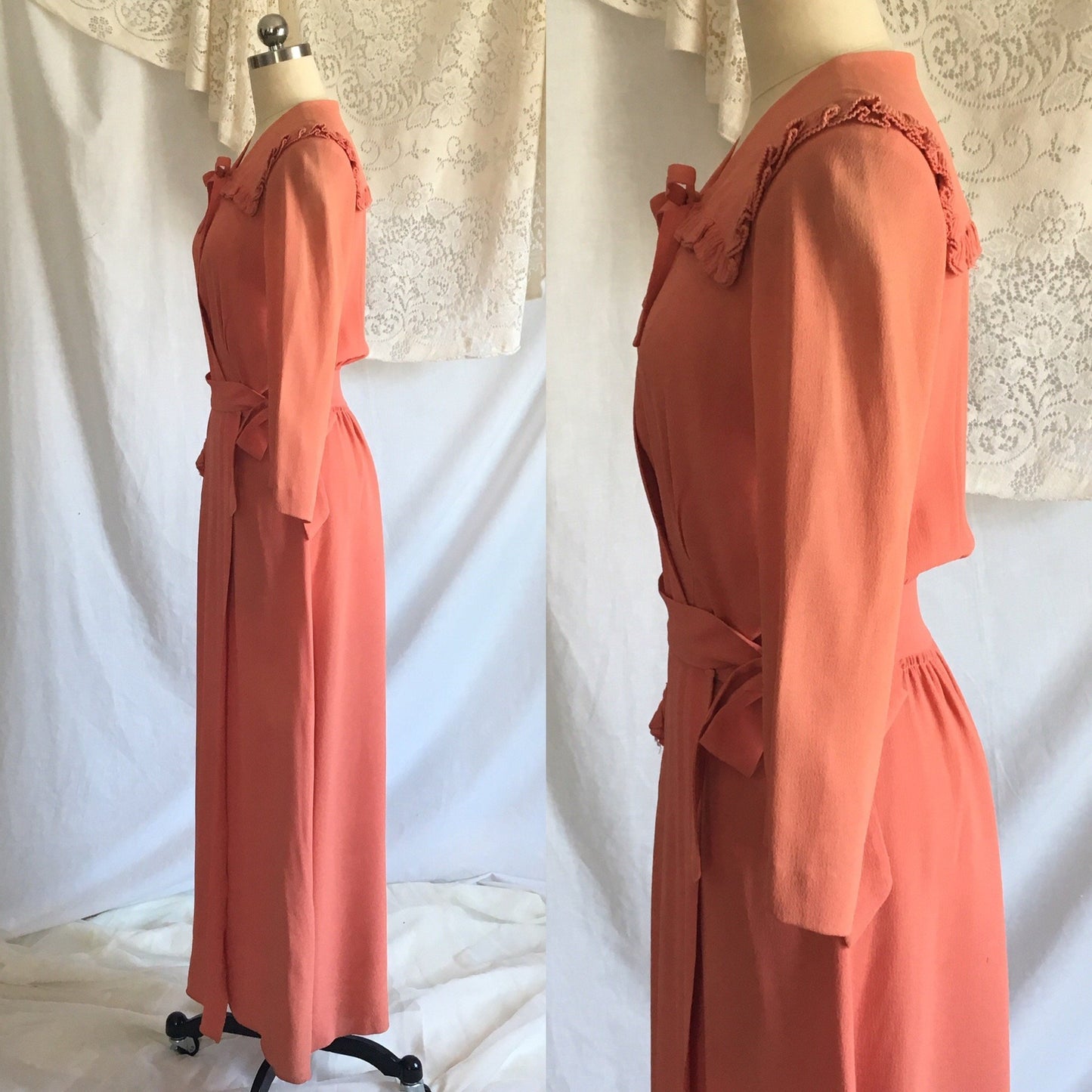 Vintage 1940's Dressing Gown | Coral Pinkish Orange Crepe with Pleated Ruffle Yoke | Ruched Waist Robe | Raymond of New York | Size S - Daggers & Dames