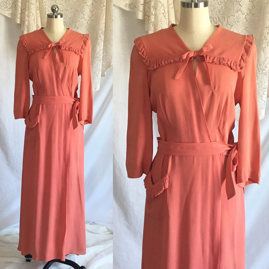Vintage 1940's Dressing Gown | Coral Pinkish Orange Crepe with Pleated Ruffle Yoke | Ruched Waist Robe | Raymond of New York | Size S - Daggers & Dames