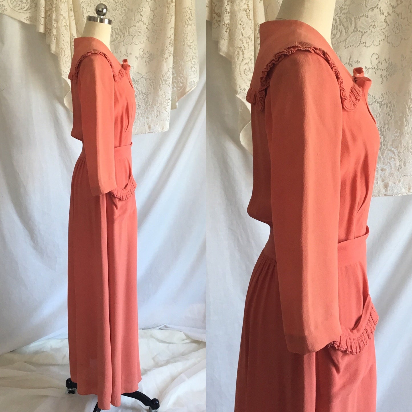 Vintage 1940's Dressing Gown | Coral Pinkish Orange Crepe with Pleated Ruffle Yoke | Ruched Waist Robe | Raymond of New York | Size S - Daggers & Dames