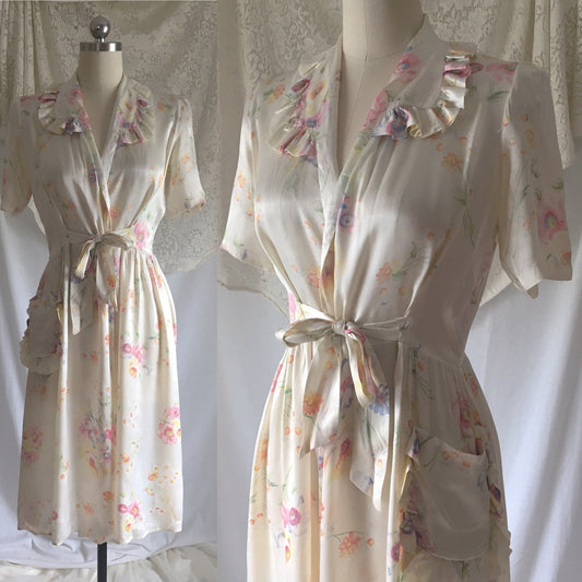Vintage 1940's Dressing Gown | Creamy White Rayon Satin with Pastel Floral Pattern | Size S, M - Daggers & Dames