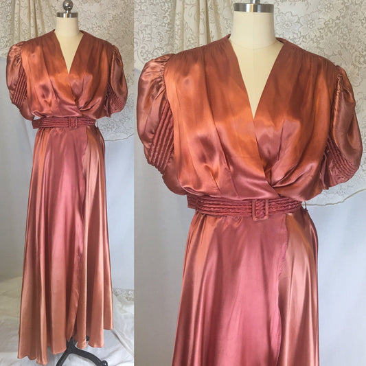 Vintage 1940's Dressing Gown | Rich Copper Rayon Satin Charmeuse with Piping & Belt | Size LG, XL - Daggers & Dames