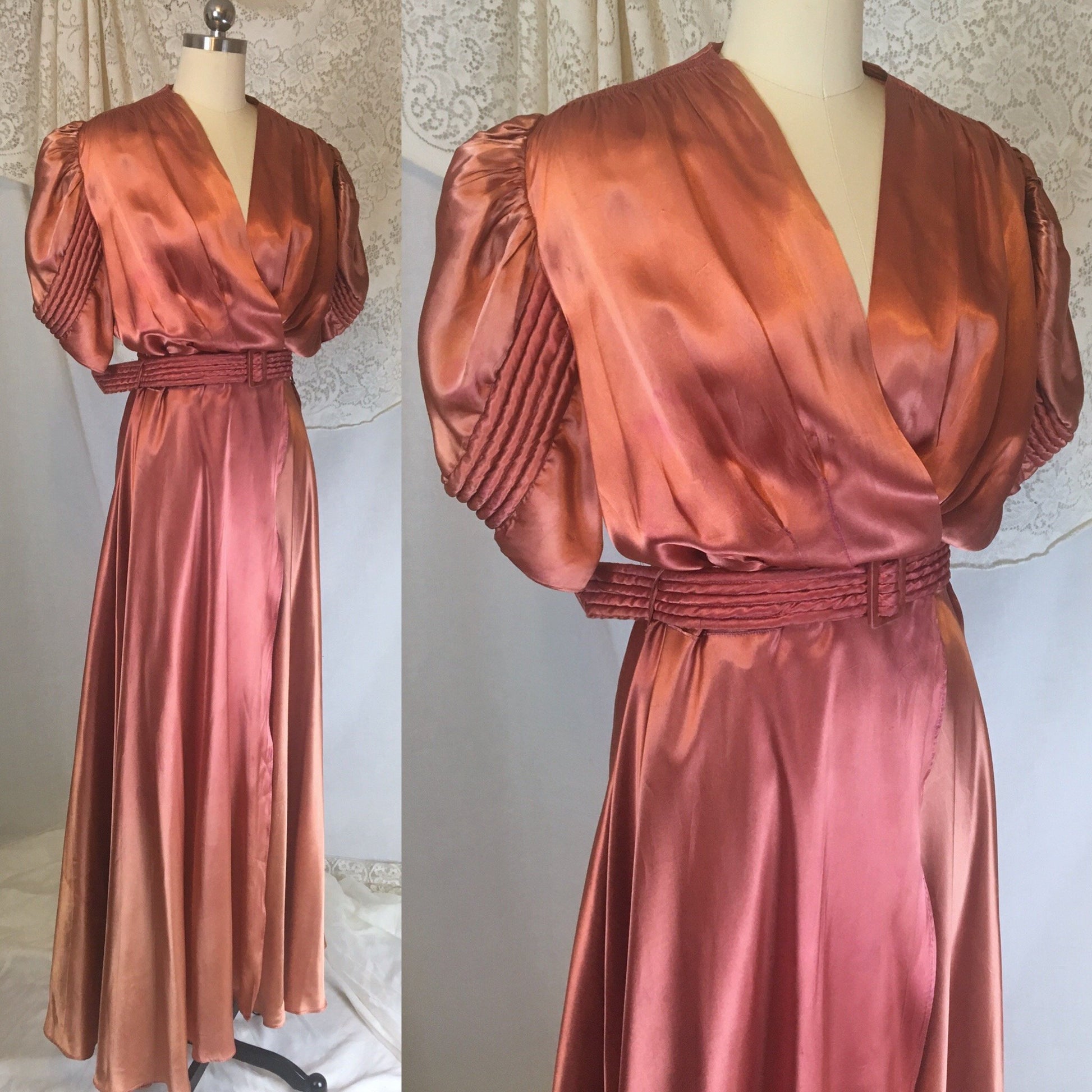 Vintage 1940's Dressing Gown | Rich Copper Rayon Satin Charmeuse with Piping & Belt | Size LG, XL - Daggers & Dames