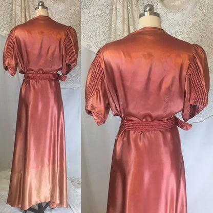 Vintage 1940's Dressing Gown | Rich Copper Rayon Satin Charmeuse with Piping & Belt | Size LG, XL - Daggers & Dames