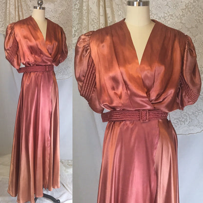 Vintage 1940's Dressing Gown | Rich Copper Rayon Satin Charmeuse with Piping & Belt | Size LG, XL - Daggers & Dames