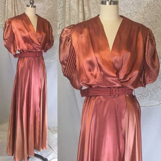 Vintage 1940's Dressing Gown | Rich Copper Rayon Satin Charmeuse with Piping & Belt | Size LG, XL - Daggers & Dames