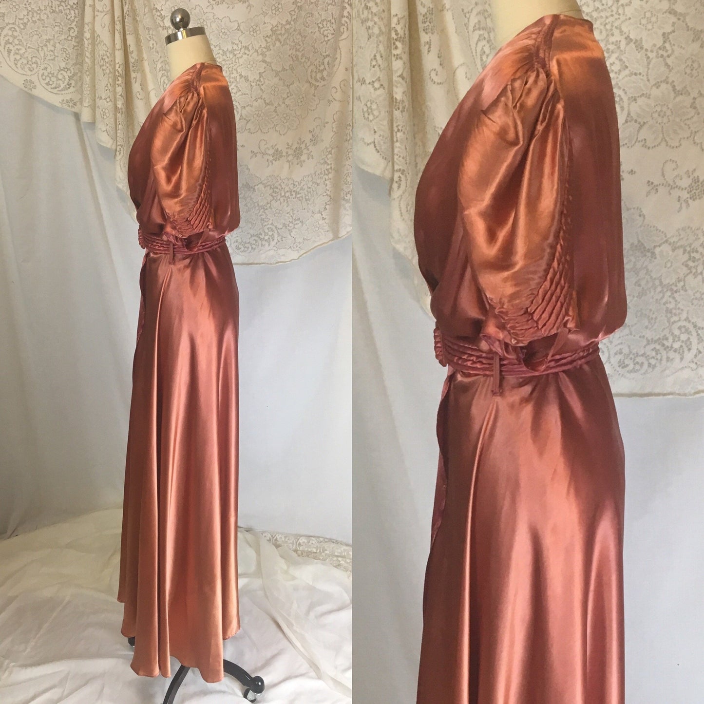 Vintage 1940's Dressing Gown | Rich Copper Rayon Satin Charmeuse with Piping & Belt | Size LG, XL - Daggers & Dames