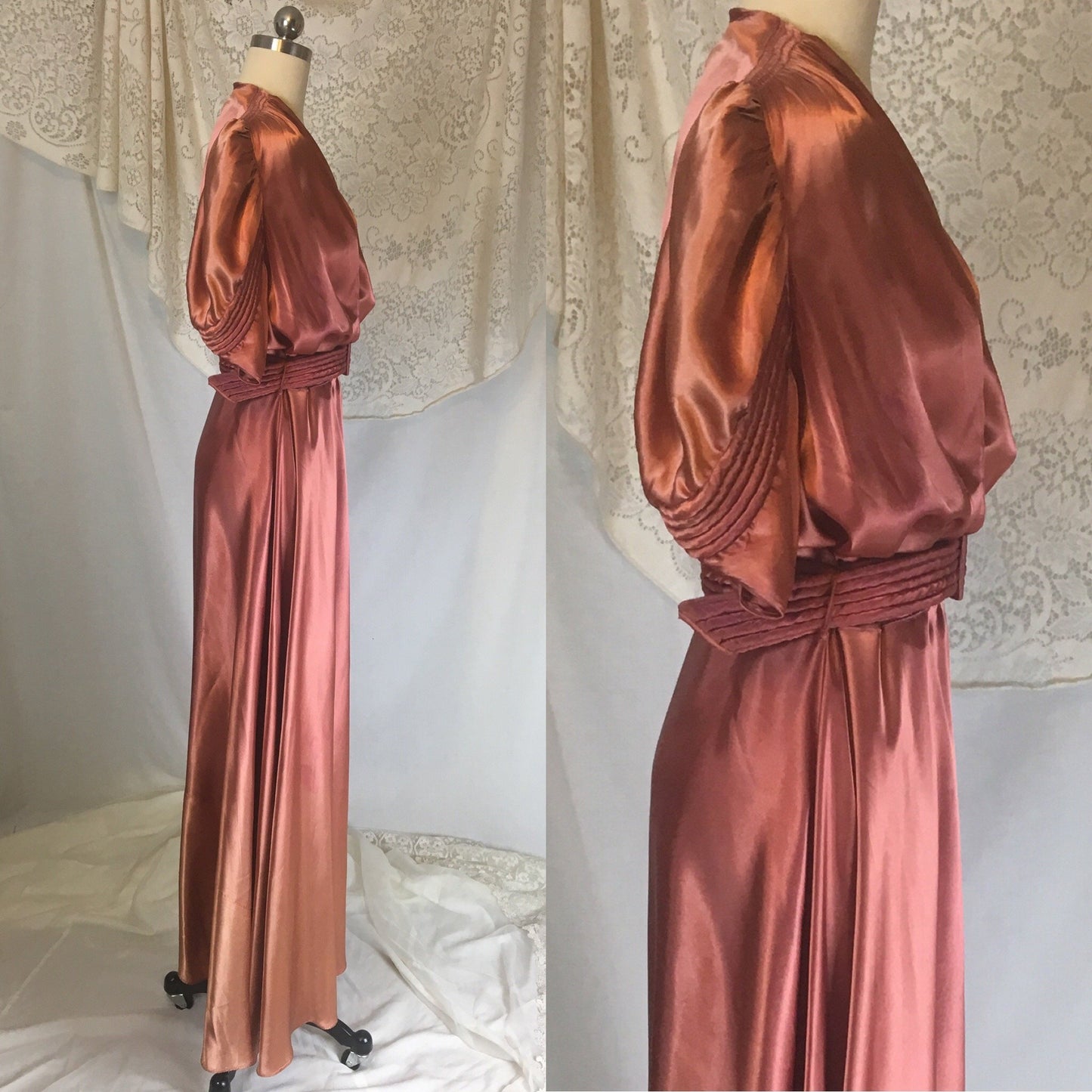Vintage 1940's Dressing Gown | Rich Copper Rayon Satin Charmeuse with Piping & Belt | Size LG, XL - Daggers & Dames