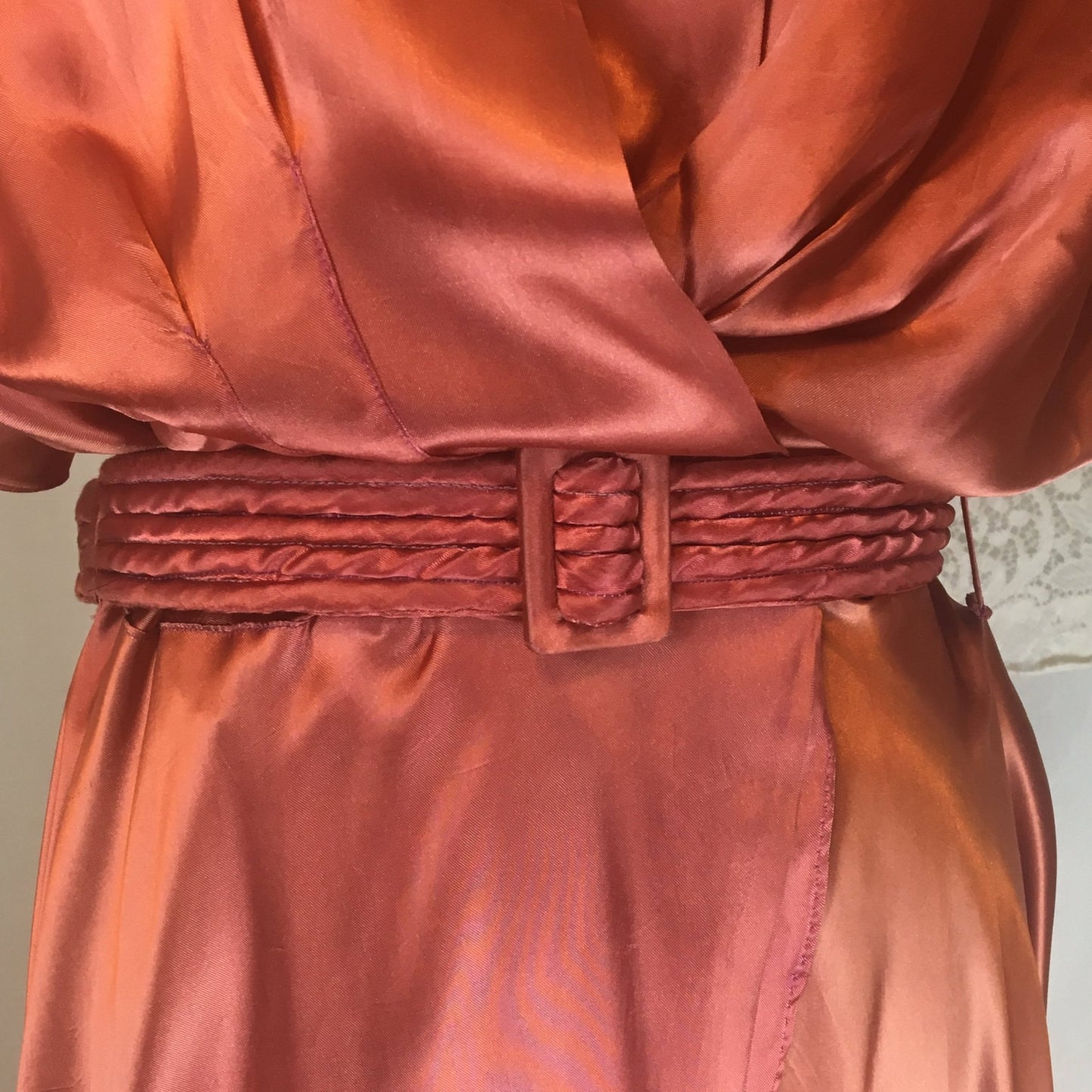 Vintage 1940's Dressing Gown | Rich Copper Rayon Satin Charmeuse with Piping & Belt | Size LG, XL - Daggers & Dames