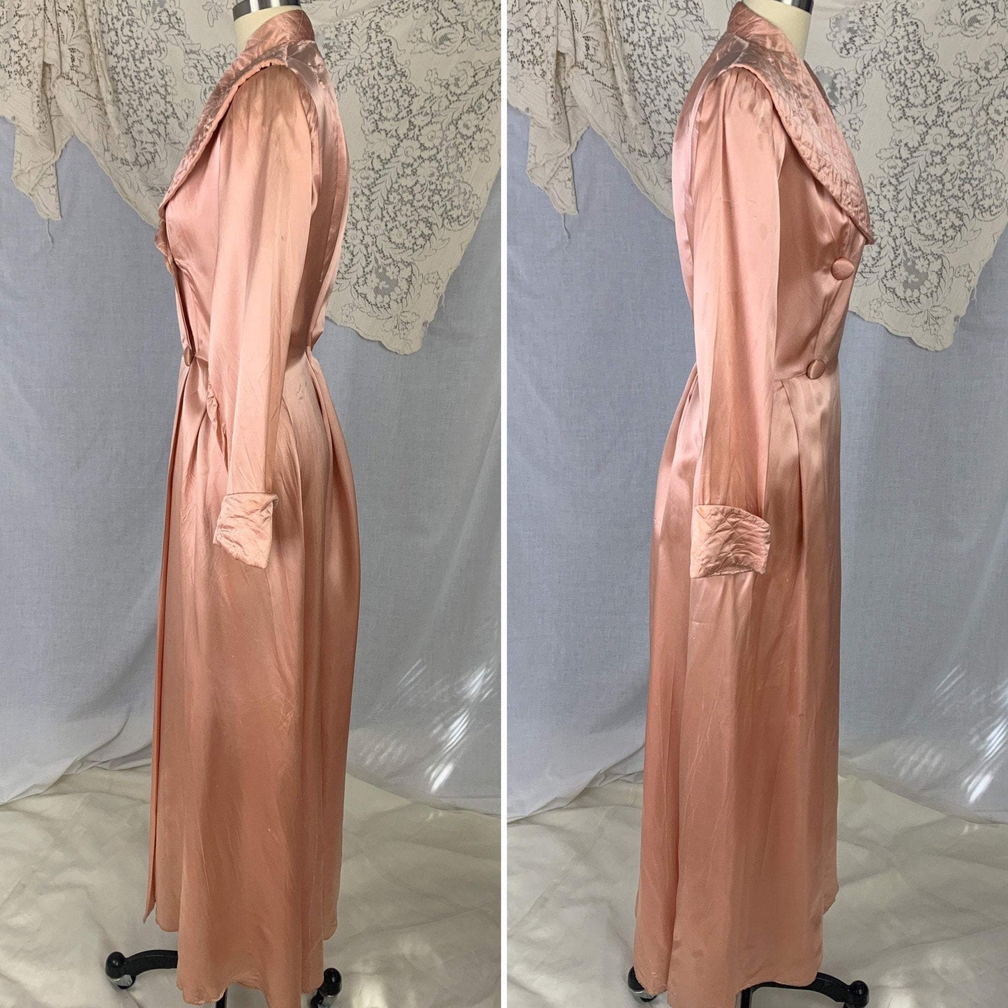 Vintage 1940's Dressing Gown Robe | Copper Rayon Satin with Quilted Collar & Button Closure | Size L - Daggers & Dames