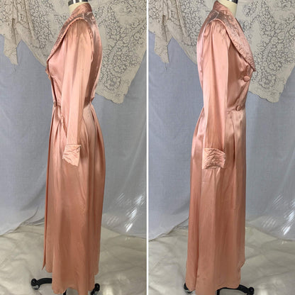 Vintage 1940's Dressing Gown Robe | Copper Rayon Satin with Quilted Collar & Button Closure | Size L - Daggers & Dames