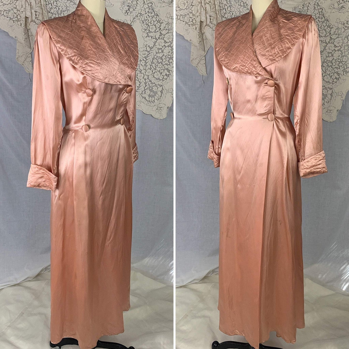 Vintage 1940's Dressing Gown Robe | Copper Rayon Satin with Quilted Collar & Button Closure | Size L - Daggers & Dames